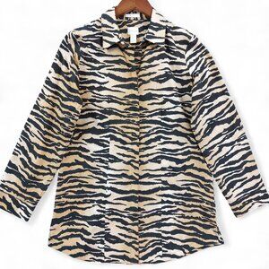 Chicos Shirt Womens 00 Animal Print Button Up Long Sleeve Top Chic Wear to Work